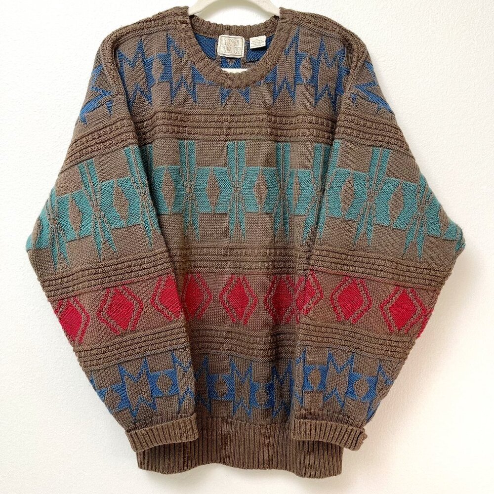 VINTAGE River Trader 100% Wool Geometric Long Sleeve Crew Neck Sweater Grandma L